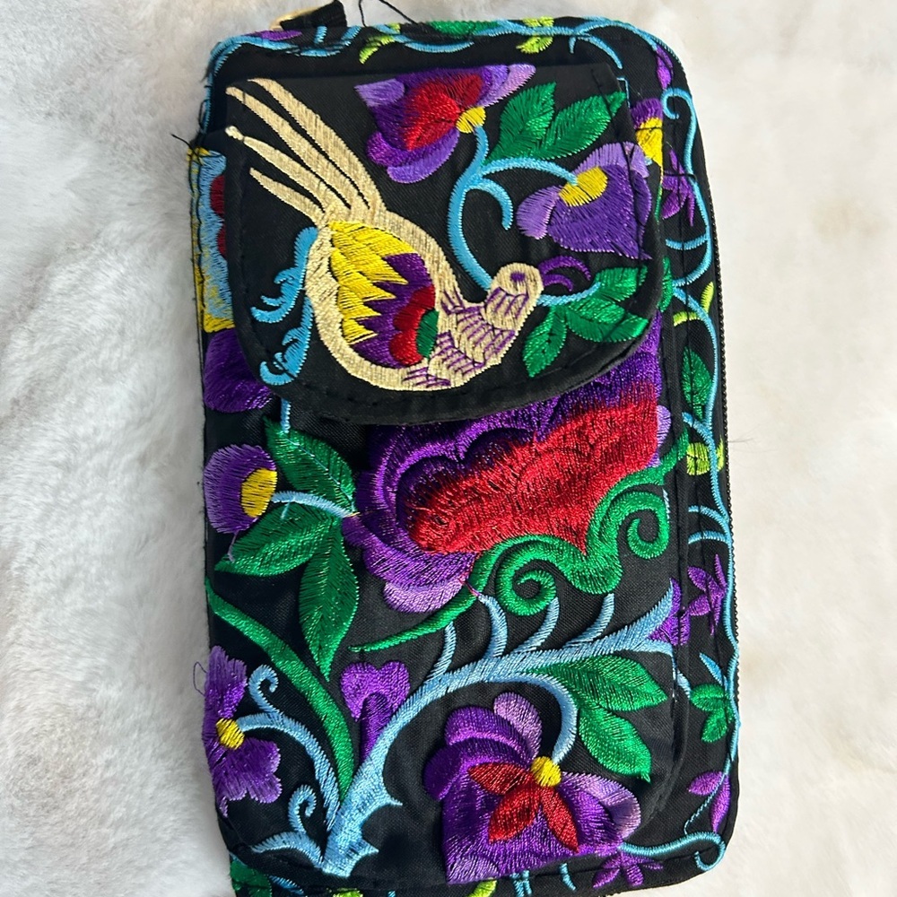 Embroidered Parrot Floral Black Zip Wallet Boho Colorful Coin Purse Clutch - Picture 2 of 6